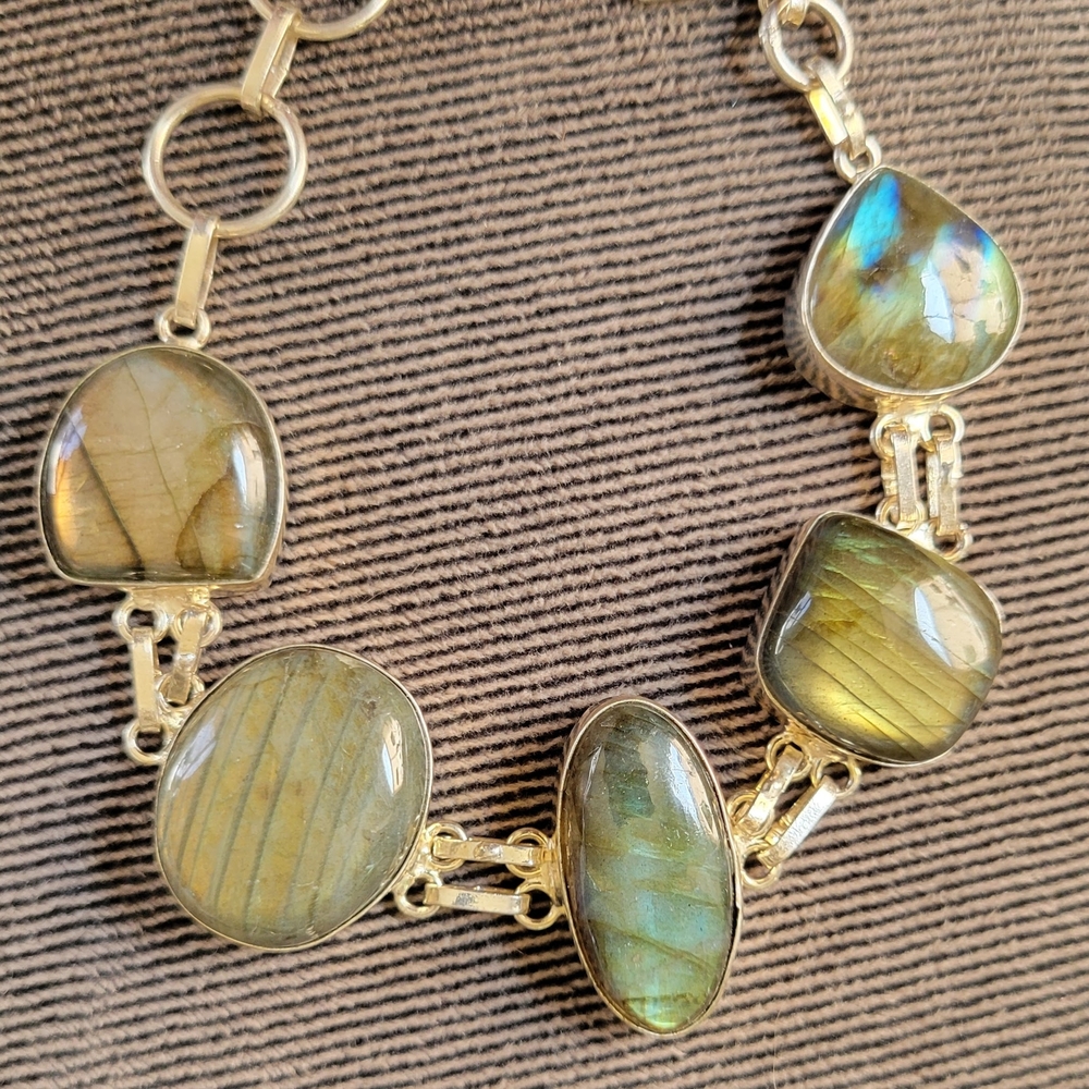 Elegant Blue Green Labradorite Bracelet In 925 Silver Links Green Stone Bracelet